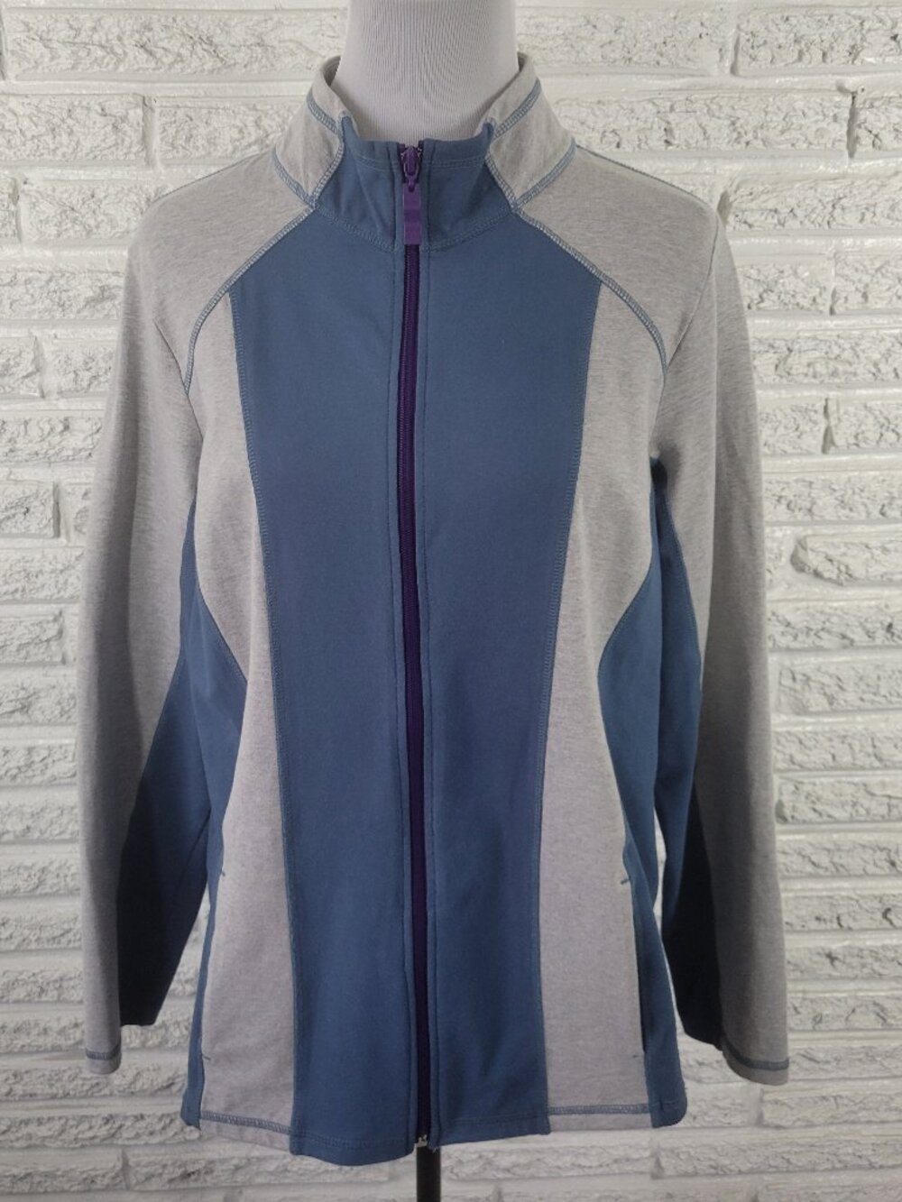 Denim & Co Active Womens 1X Jacket Blue Gray Plus Full Zip Cotton Blend SWE29E